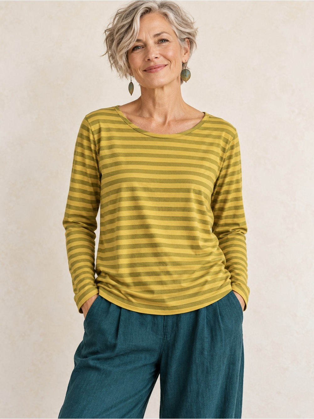 Gudrun Sjödén Organic Cotton Striped Long Sleeve Top Olive Yellow Small